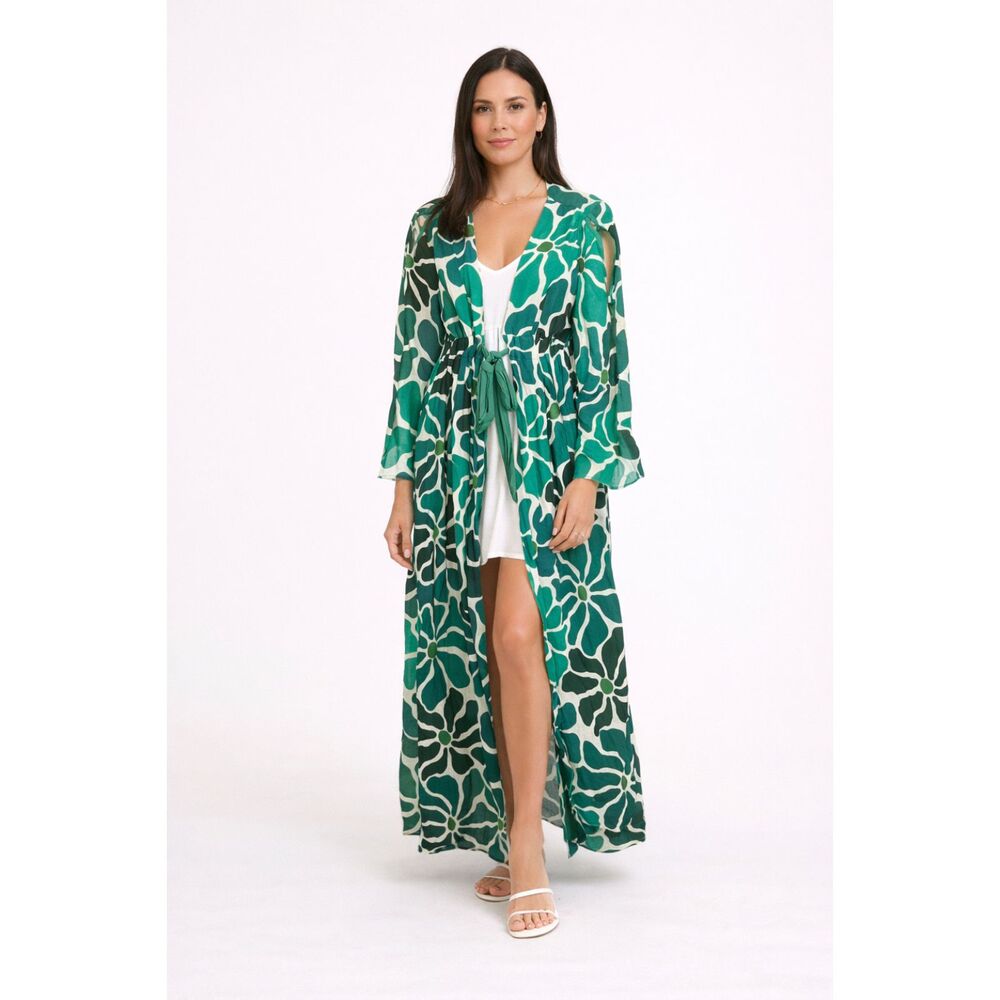 AZULU Linen Tie Front Maxi Coverup Dress Green Medium‎